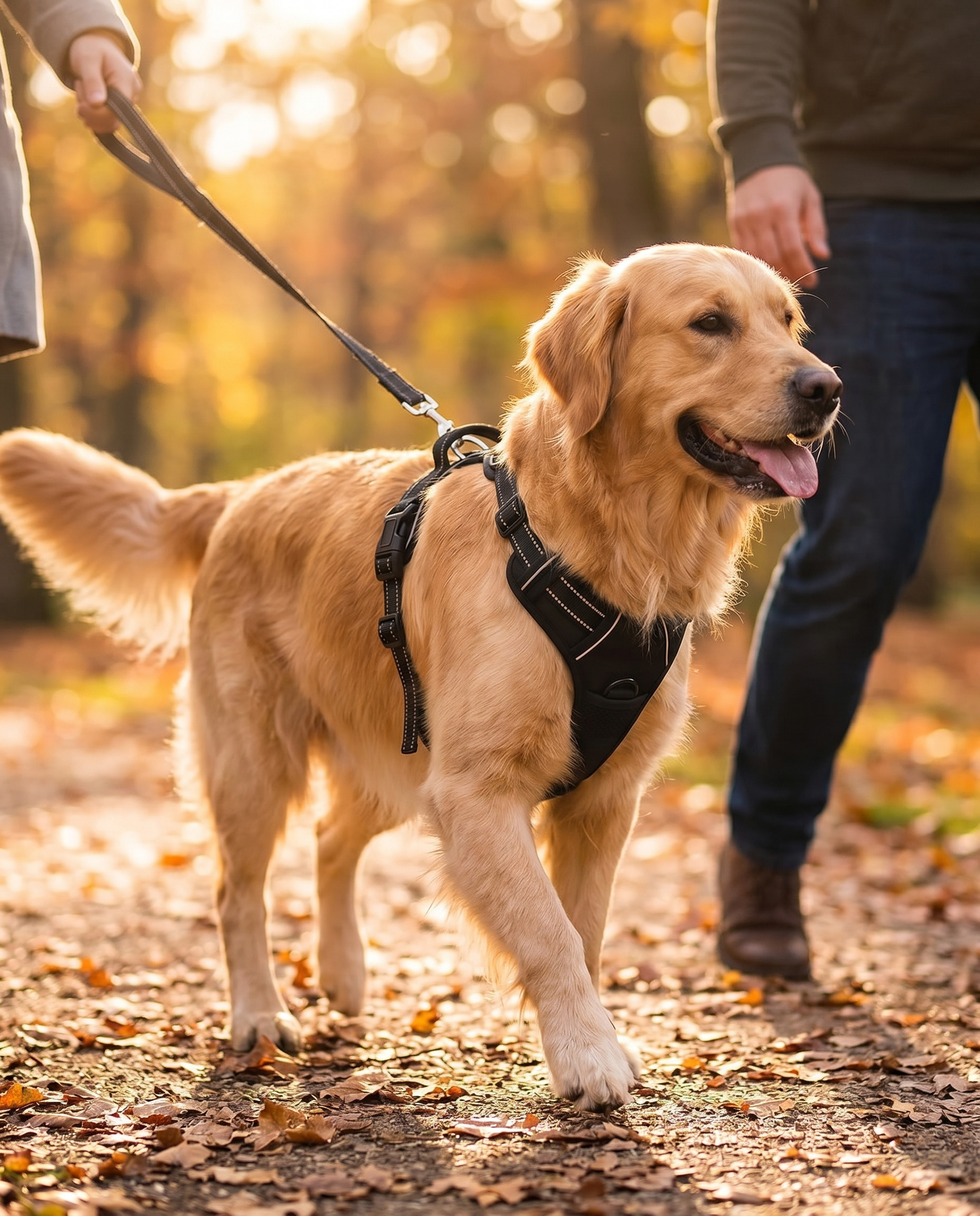 Chien en balade calme portant le harnais anti-traction Trentrac